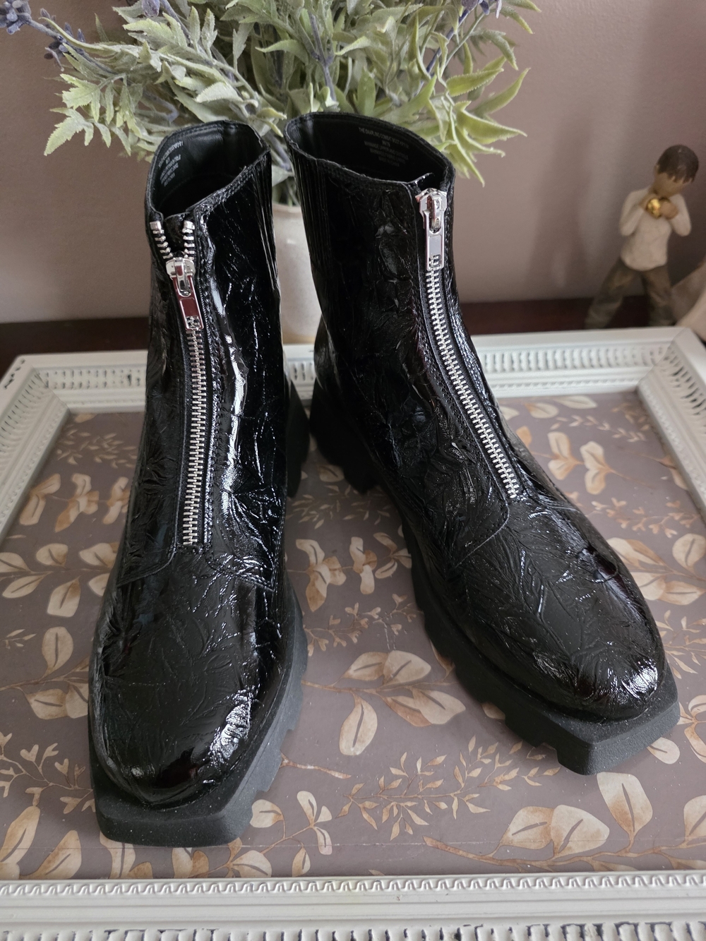 Katy Perry Black Patent Front-Zip Ankle Boots - Women